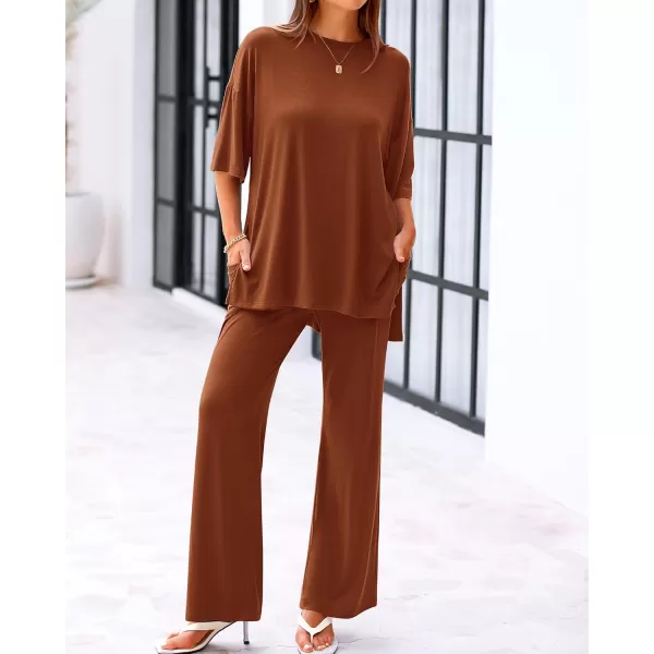 BTFBM Women 2 Piece Outfits Casual Loose Slit Short Sleeve Top Wide Leg Pants Matching Lounge Sets Tracksuit With PocketSolid Brown