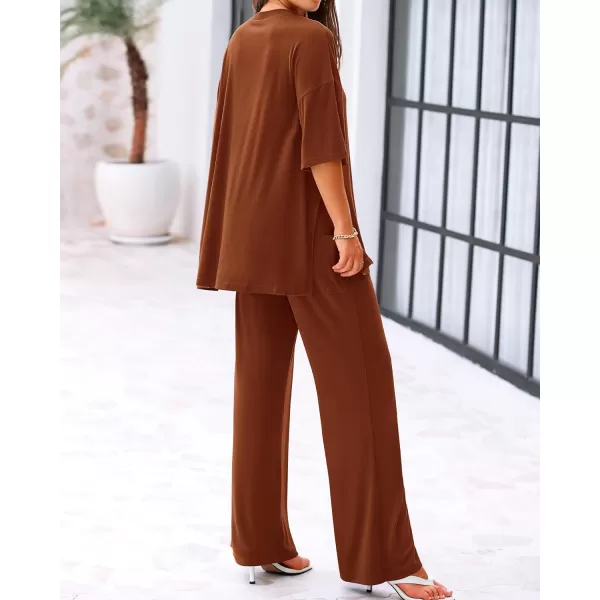 BTFBM Women 2 Piece Outfits Casual Loose Slit Short Sleeve Top Wide Leg Pants Matching Lounge Sets Tracksuit With PocketSolid Brown