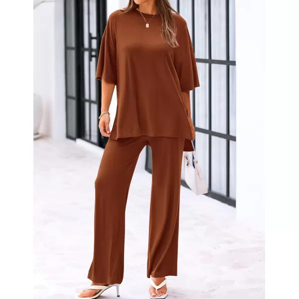 BTFBM Women 2 Piece Outfits Casual Loose Slit Short Sleeve Top Wide Leg Pants Matching Lounge Sets Tracksuit With PocketSolid Brown