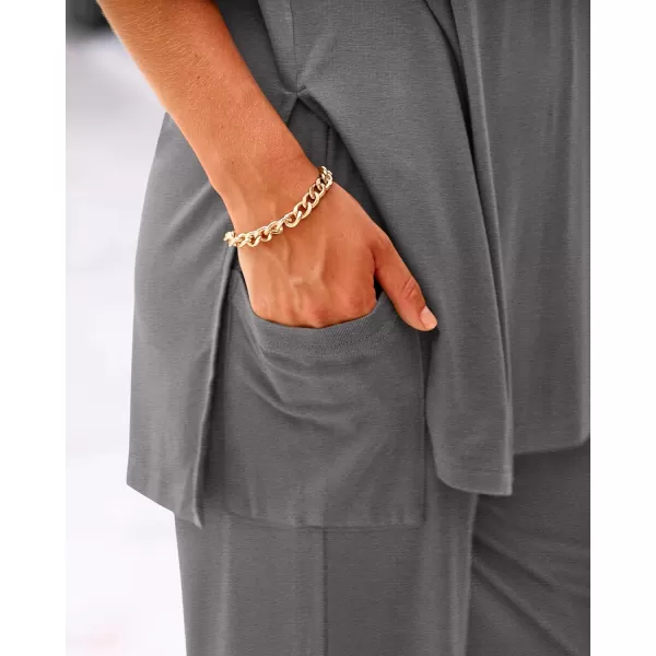 BTFBM Women 2 Piece Outfits Casual Loose Slit Short Sleeve Top Wide Leg Pants Matching Lounge Sets Tracksuit With PocketSolid Dark Grey