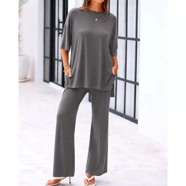 BTFBM Women 2 Piece Outfits Casual Loose Slit Short Sleeve Top Wide Leg Pants Matching Lounge Sets Tracksuit With PocketSolid Dark Grey