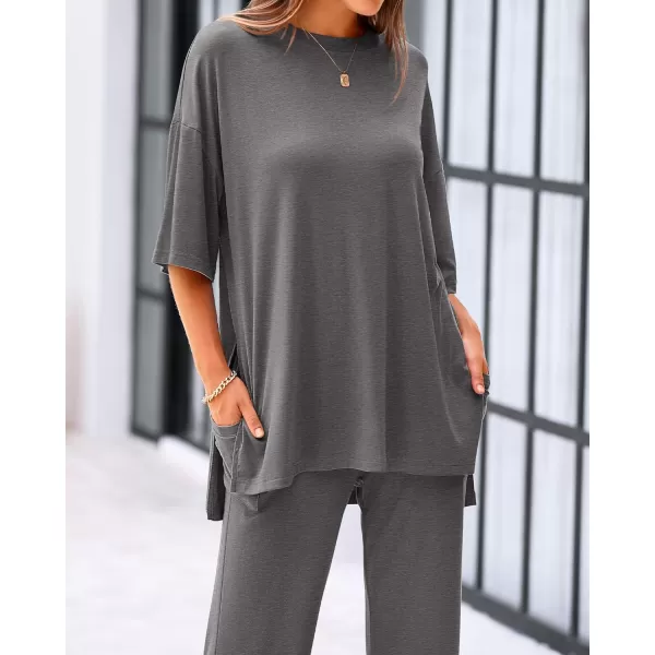 BTFBM Women 2 Piece Outfits Casual Loose Slit Short Sleeve Top Wide Leg Pants Matching Lounge Sets Tracksuit With PocketSolid Dark Grey