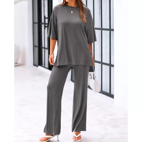 BTFBM Women 2 Piece Outfits Casual Loose Slit Short Sleeve Top Wide Leg Pants Matching Lounge Sets Tracksuit With PocketSolid Dark Grey
