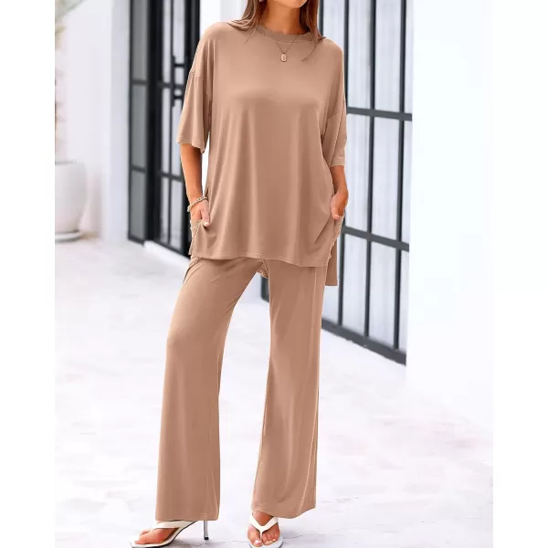 BTFBM Women 2 Piece Outfits Casual Loose Slit Short Sleeve Top Wide Leg Pants Matching Lounge Sets Tracksuit With PocketSolid Khaki