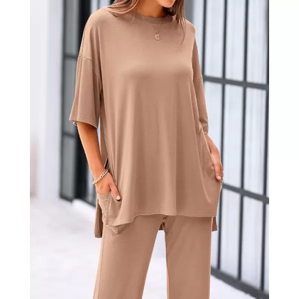 BTFBM Women 2 Piece Outfits Casual Loose Slit Short Sleeve Top Wide Leg Pants Matching Lounge Sets Tracksuit With PocketSolid Khaki