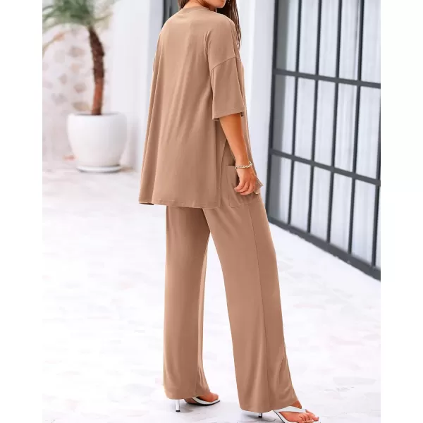 BTFBM Women 2 Piece Outfits Casual Loose Slit Short Sleeve Top Wide Leg Pants Matching Lounge Sets Tracksuit With PocketSolid Khaki