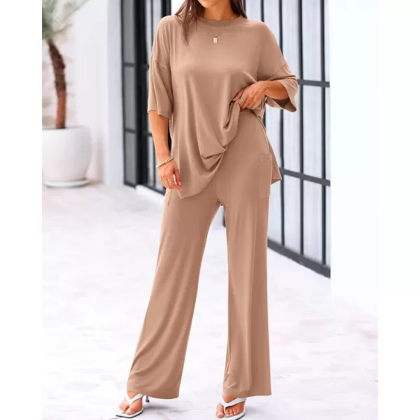 BTFBM Women 2 Piece Outfits Casual Loose Slit Short Sleeve Top Wide Leg Pants Matching Lounge Sets Tracksuit With PocketSolid Khaki