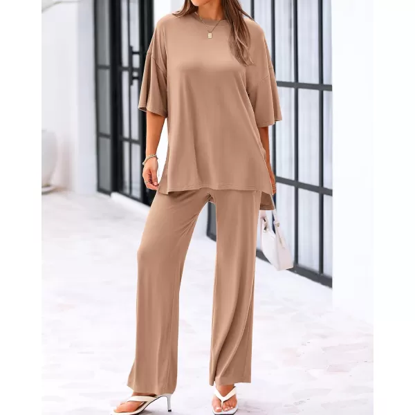 BTFBM Women 2 Piece Outfits Casual Loose Slit Short Sleeve Top Wide Leg Pants Matching Lounge Sets Tracksuit With PocketSolid Khaki