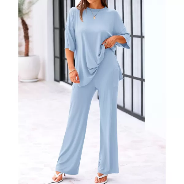 BTFBM Women 2 Piece Outfits Casual Loose Slit Short Sleeve Top Wide Leg Pants Matching Lounge Sets Tracksuit With PocketSolid Light Blue