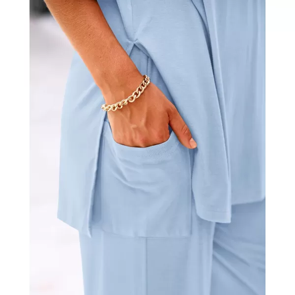 BTFBM Women 2 Piece Outfits Casual Loose Slit Short Sleeve Top Wide Leg Pants Matching Lounge Sets Tracksuit With PocketSolid Light Blue