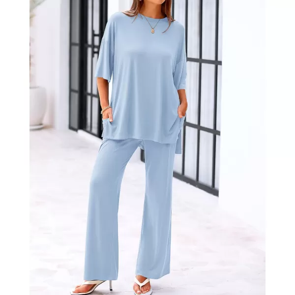 BTFBM Women 2 Piece Outfits Casual Loose Slit Short Sleeve Top Wide Leg Pants Matching Lounge Sets Tracksuit With PocketSolid Light Blue
