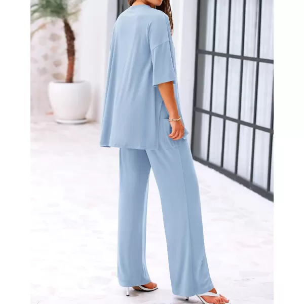 BTFBM Women 2 Piece Outfits Casual Loose Slit Short Sleeve Top Wide Leg Pants Matching Lounge Sets Tracksuit With PocketSolid Light Blue