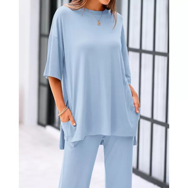 BTFBM Women 2 Piece Outfits Casual Loose Slit Short Sleeve Top Wide Leg Pants Matching Lounge Sets Tracksuit With PocketSolid Light Blue