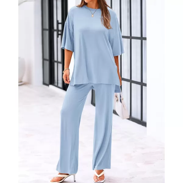 BTFBM Women 2 Piece Outfits Casual Loose Slit Short Sleeve Top Wide Leg Pants Matching Lounge Sets Tracksuit With PocketSolid Light Blue