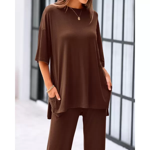 BTFBM Women 2 Piece Outfits Casual Loose Slit Short Sleeve Top Wide Leg Pants Matching Lounge Sets Tracksuit With PocketSolid Light Coffee