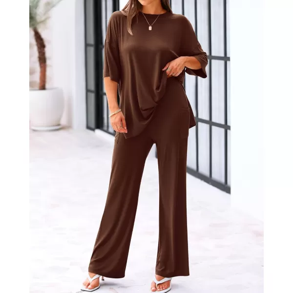 BTFBM Women 2 Piece Outfits Casual Loose Slit Short Sleeve Top Wide Leg Pants Matching Lounge Sets Tracksuit With PocketSolid Light Coffee