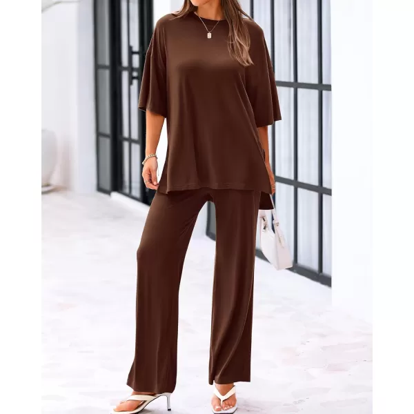 BTFBM Women 2 Piece Outfits Casual Loose Slit Short Sleeve Top Wide Leg Pants Matching Lounge Sets Tracksuit With PocketSolid Light Coffee