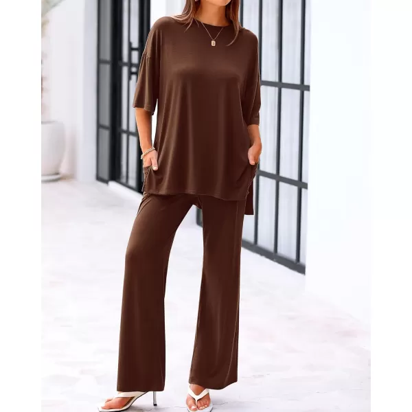 BTFBM Women 2 Piece Outfits Casual Loose Slit Short Sleeve Top Wide Leg Pants Matching Lounge Sets Tracksuit With PocketSolid Light Coffee