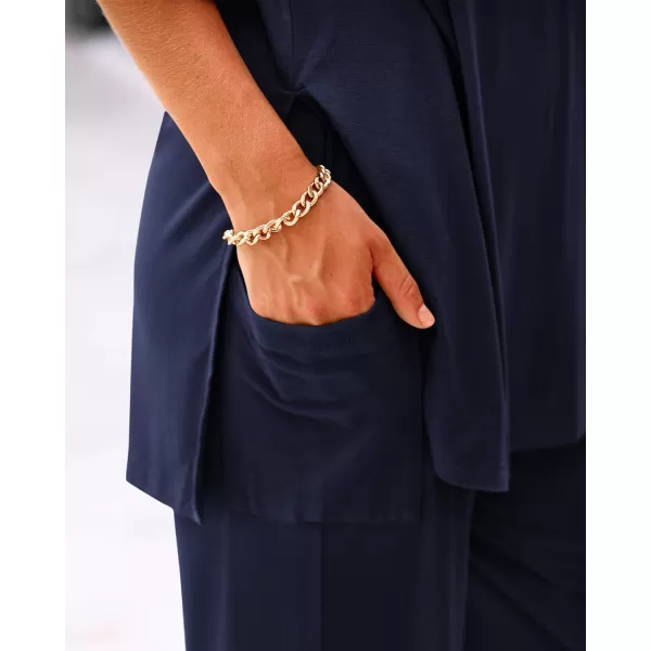 BTFBM Women 2 Piece Outfits Casual Loose Slit Short Sleeve Top Wide Leg Pants Matching Lounge Sets Tracksuit With PocketSolid Navy