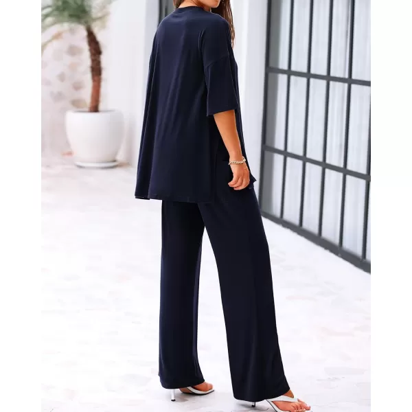 BTFBM Women 2 Piece Outfits Casual Loose Slit Short Sleeve Top Wide Leg Pants Matching Lounge Sets Tracksuit With PocketSolid Navy