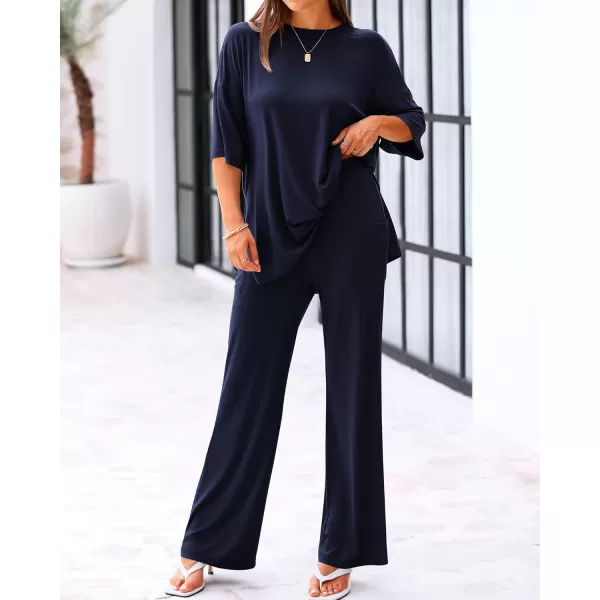 BTFBM Women 2 Piece Outfits Casual Loose Slit Short Sleeve Top Wide Leg Pants Matching Lounge Sets Tracksuit With PocketSolid Navy