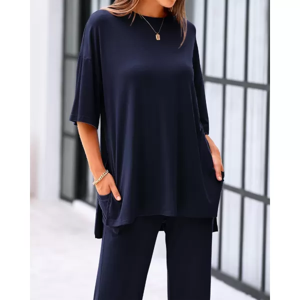 BTFBM Women 2 Piece Outfits Casual Loose Slit Short Sleeve Top Wide Leg Pants Matching Lounge Sets Tracksuit With PocketSolid Navy