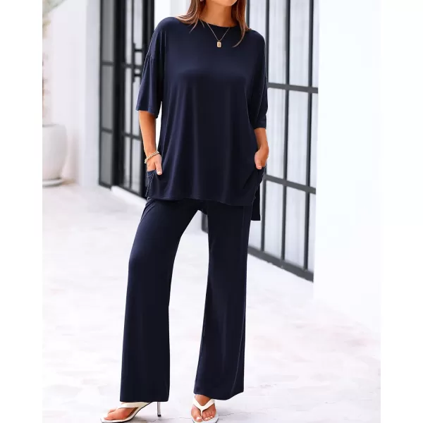 BTFBM Women 2 Piece Outfits Casual Loose Slit Short Sleeve Top Wide Leg Pants Matching Lounge Sets Tracksuit With PocketSolid Navy