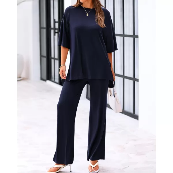 BTFBM Women 2 Piece Outfits Casual Loose Slit Short Sleeve Top Wide Leg Pants Matching Lounge Sets Tracksuit With PocketSolid Navy