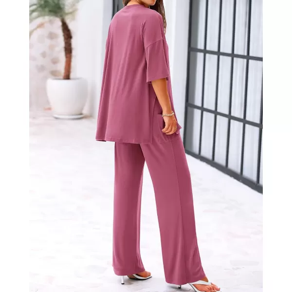 BTFBM Women 2 Piece Outfits Casual Loose Slit Short Sleeve Top Wide Leg Pants Matching Lounge Sets Tracksuit With PocketSolid Pink