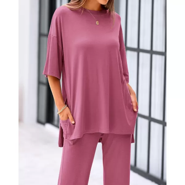 BTFBM Women 2 Piece Outfits Casual Loose Slit Short Sleeve Top Wide Leg Pants Matching Lounge Sets Tracksuit With PocketSolid Pink