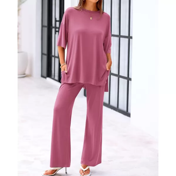 BTFBM Women 2 Piece Outfits Casual Loose Slit Short Sleeve Top Wide Leg Pants Matching Lounge Sets Tracksuit With PocketSolid Pink
