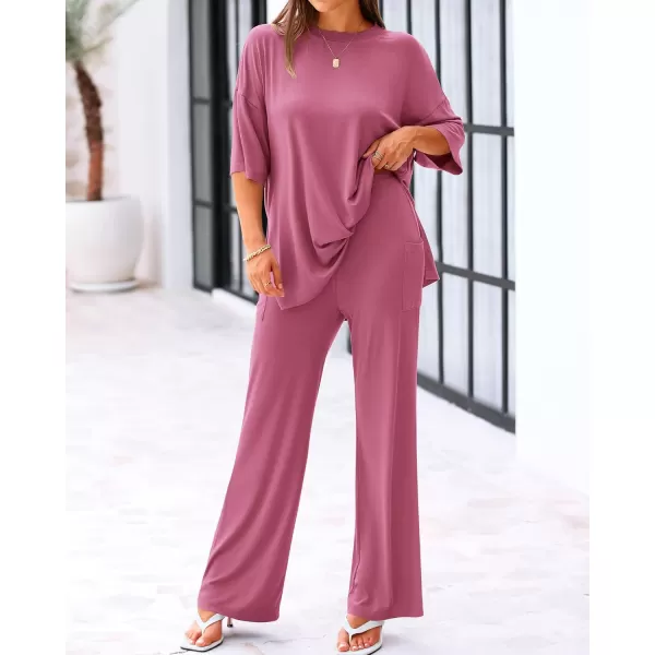 BTFBM Women 2 Piece Outfits Casual Loose Slit Short Sleeve Top Wide Leg Pants Matching Lounge Sets Tracksuit With PocketSolid Pink