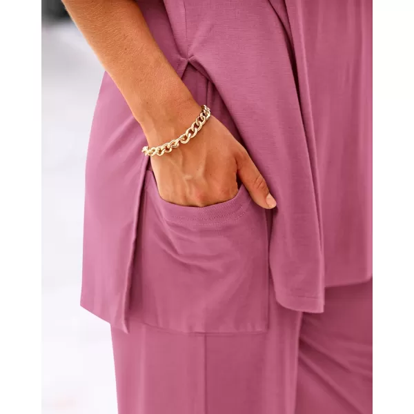 BTFBM Women 2 Piece Outfits Casual Loose Slit Short Sleeve Top Wide Leg Pants Matching Lounge Sets Tracksuit With PocketSolid Pink