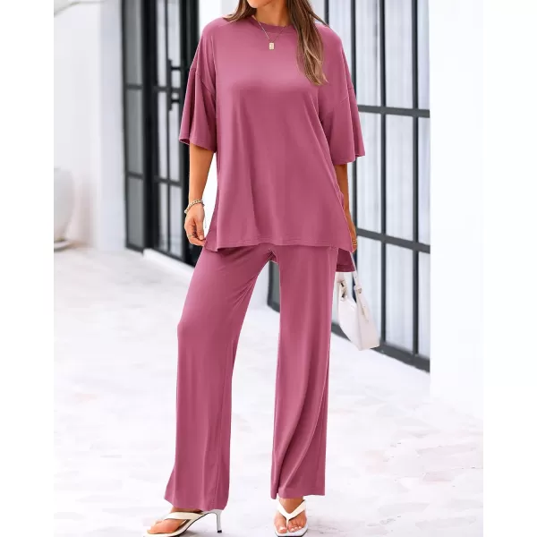 BTFBM Women 2 Piece Outfits Casual Loose Slit Short Sleeve Top Wide Leg Pants Matching Lounge Sets Tracksuit With PocketSolid Pink