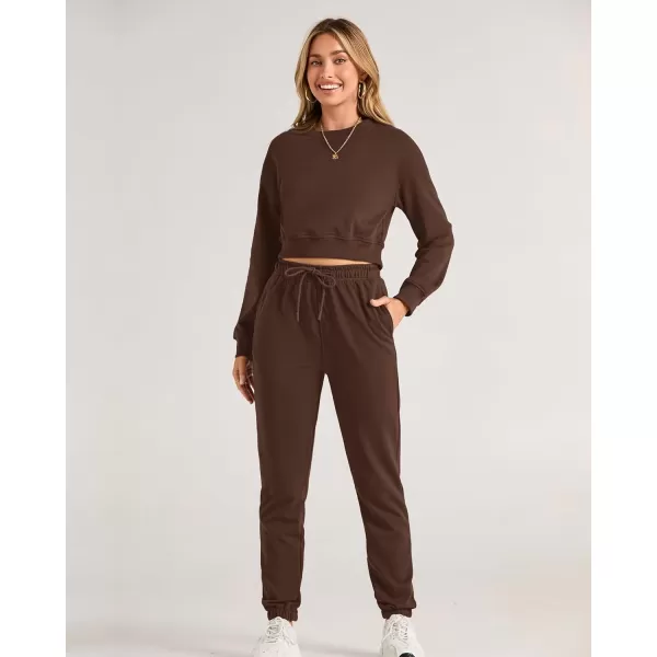 BTFBM Women 2 Piece Outfits Long Sleeve Crop Top Pullover Drawstring Pant Jogger Set Casual Sweatsuits Tracksuit PocketsSolid Coffee