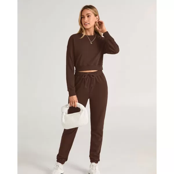 BTFBM Women 2 Piece Outfits Long Sleeve Crop Top Pullover Drawstring Pant Jogger Set Casual Sweatsuits Tracksuit PocketsSolid Coffee