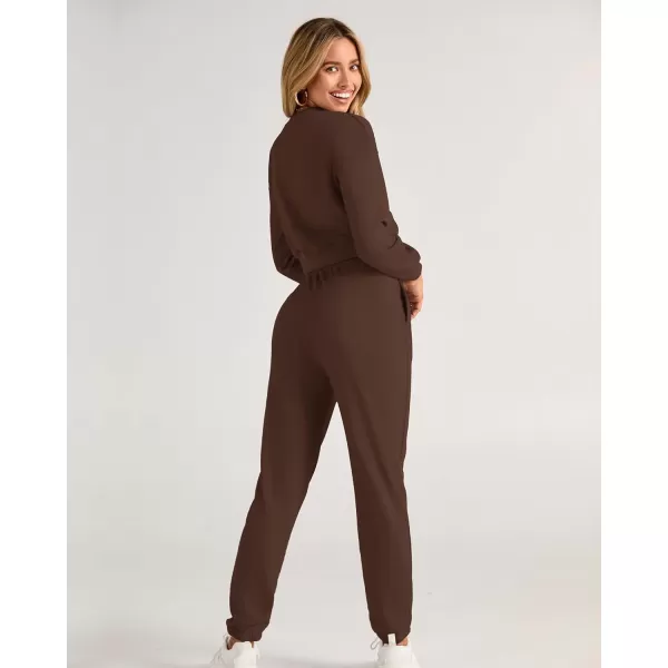 BTFBM Women 2 Piece Outfits Long Sleeve Crop Top Pullover Drawstring Pant Jogger Set Casual Sweatsuits Tracksuit PocketsSolid Coffee