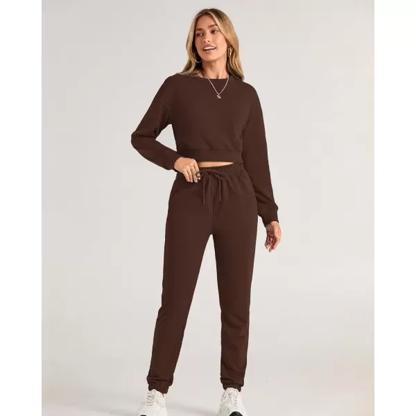 BTFBM Women 2 Piece Outfits Long Sleeve Crop Top Pullover Drawstring Pant Jogger Set Casual Sweatsuits Tracksuit PocketsSolid Coffee
