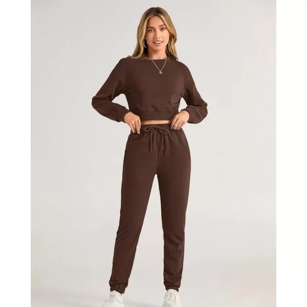 BTFBM Women 2 Piece Outfits Long Sleeve Crop Top Pullover Drawstring Pant Jogger Set Casual Sweatsuits Tracksuit PocketsSolid Coffee