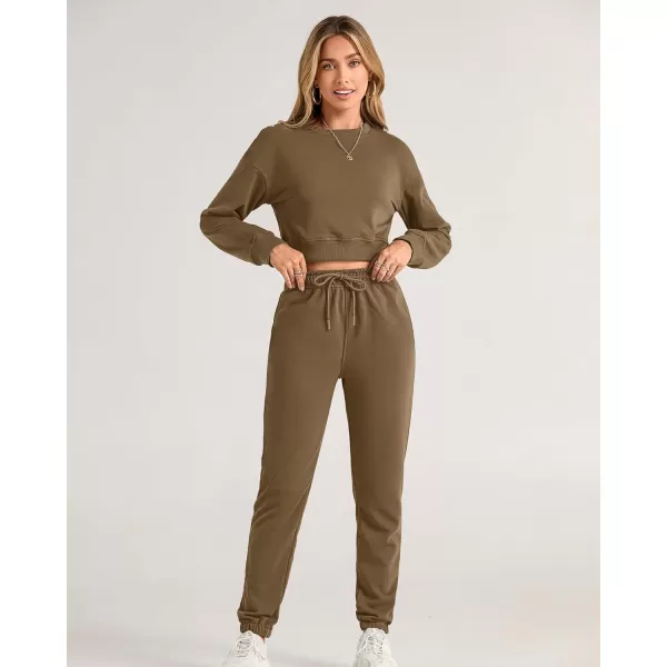 BTFBM Women 2 Piece Outfits Long Sleeve Crop Top Pullover Drawstring Pant Jogger Set Casual Sweatsuits Tracksuit PocketsSolid Dark Khaki