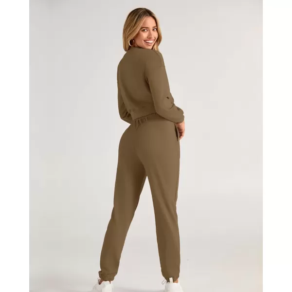 BTFBM Women 2 Piece Outfits Long Sleeve Crop Top Pullover Drawstring Pant Jogger Set Casual Sweatsuits Tracksuit PocketsSolid Dark Khaki
