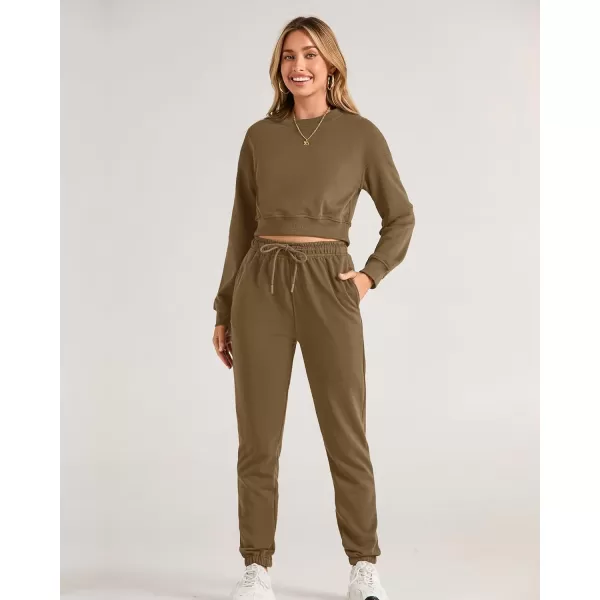 BTFBM Women 2 Piece Outfits Long Sleeve Crop Top Pullover Drawstring Pant Jogger Set Casual Sweatsuits Tracksuit PocketsSolid Dark Khaki