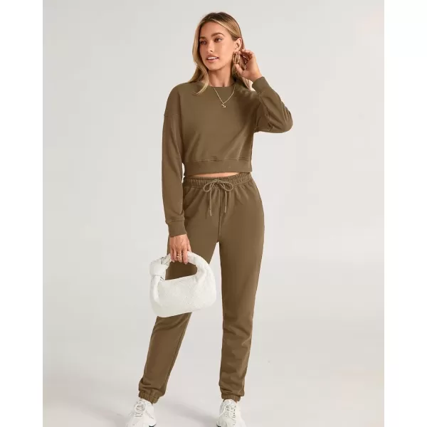BTFBM Women 2 Piece Outfits Long Sleeve Crop Top Pullover Drawstring Pant Jogger Set Casual Sweatsuits Tracksuit PocketsSolid Dark Khaki