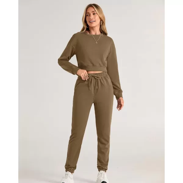 BTFBM Women 2 Piece Outfits Long Sleeve Crop Top Pullover Drawstring Pant Jogger Set Casual Sweatsuits Tracksuit PocketsSolid Dark Khaki