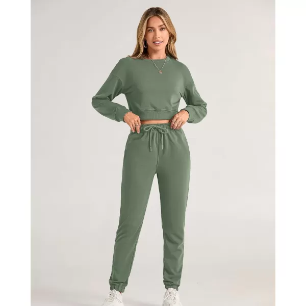 BTFBM Women 2 Piece Outfits Long Sleeve Crop Top Pullover Drawstring Pant Jogger Set Casual Sweatsuits Tracksuit PocketsSolid Green