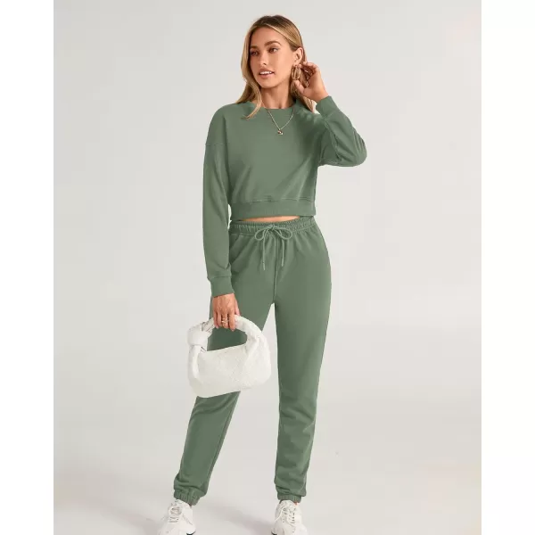 BTFBM Women 2 Piece Outfits Long Sleeve Crop Top Pullover Drawstring Pant Jogger Set Casual Sweatsuits Tracksuit PocketsSolid Green