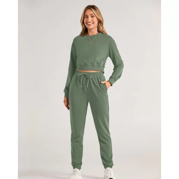 BTFBM Women 2 Piece Outfits Long Sleeve Crop Top Pullover Drawstring Pant Jogger Set Casual Sweatsuits Tracksuit PocketsSolid Green