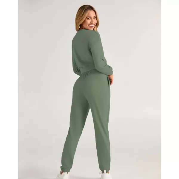 BTFBM Women 2 Piece Outfits Long Sleeve Crop Top Pullover Drawstring Pant Jogger Set Casual Sweatsuits Tracksuit PocketsSolid Green