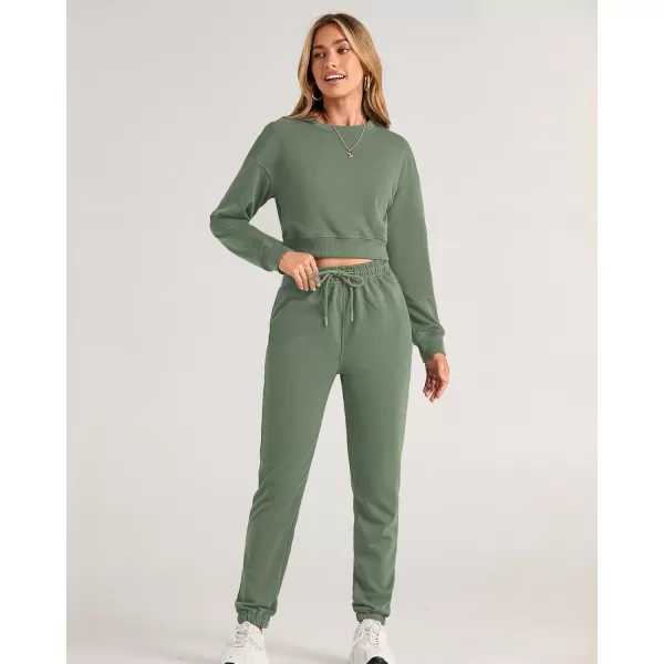 BTFBM Women 2 Piece Outfits Long Sleeve Crop Top Pullover Drawstring Pant Jogger Set Casual Sweatsuits Tracksuit PocketsSolid Green