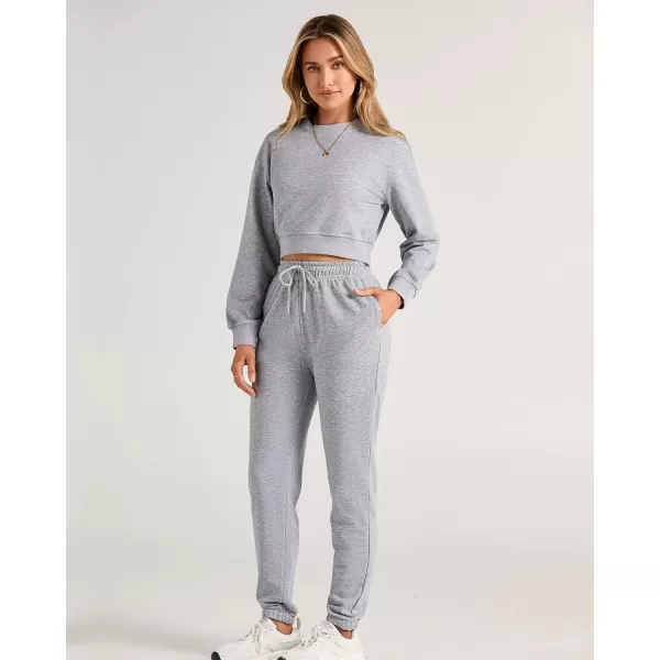 BTFBM Women 2 Piece Outfits Long Sleeve Crop Top Pullover Drawstring Pant Jogger Set Casual Sweatsuits Tracksuit PocketsSolid Grey